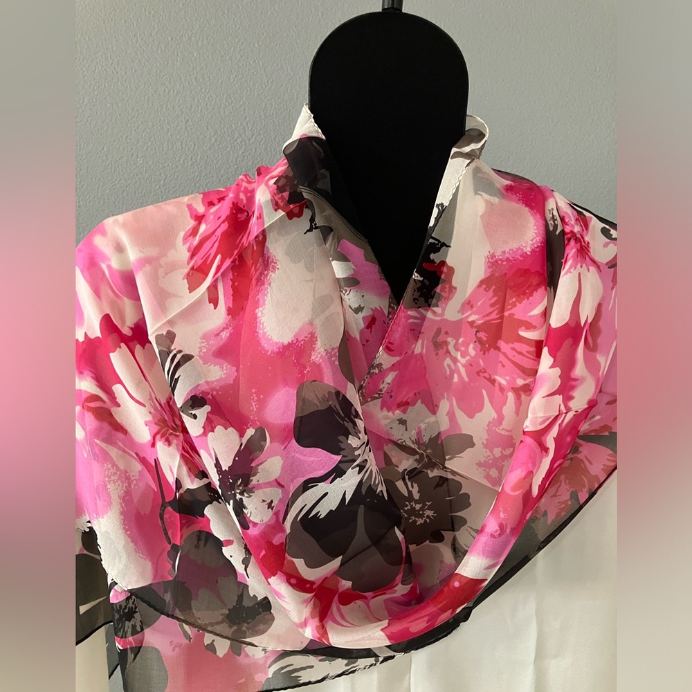 100% Silk Scarf Black Pink White Floral Print